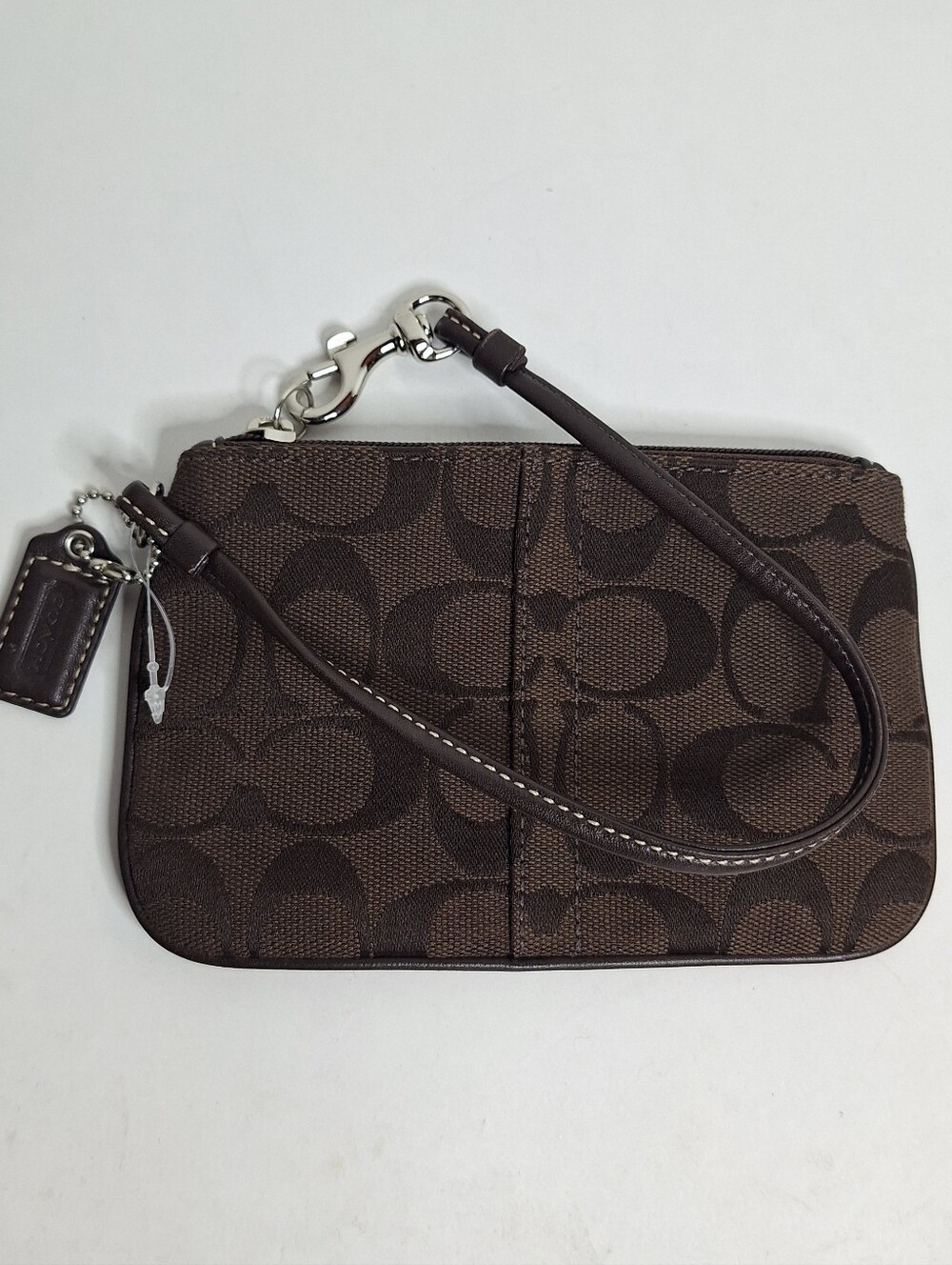 Coach Y2K Chocolate Brown Signature Jacquard Print Canvas Leather Wristlet